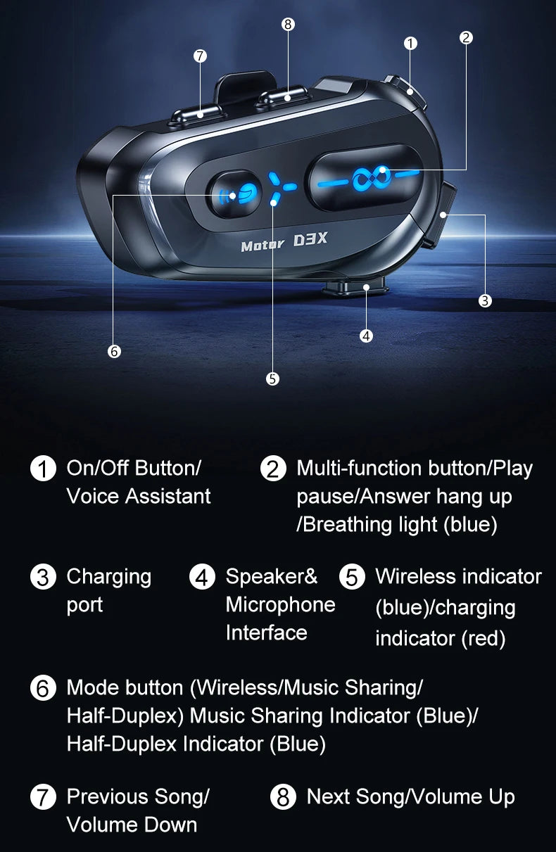 Interphone pour casque de moto D3X, Bluetooth, batterie haute capacité 2024 mAH, réponse automatique pour appels lncoming, étanche IP56, nouveauté 1000