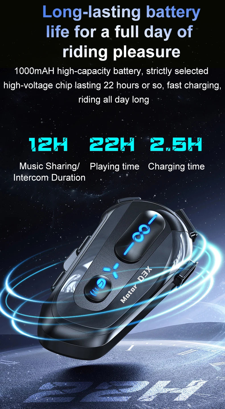 Interphone pour casque de moto D3X, Bluetooth, batterie haute capacité 2024 mAH, réponse automatique pour appels lncoming, étanche IP56, nouveauté 1000