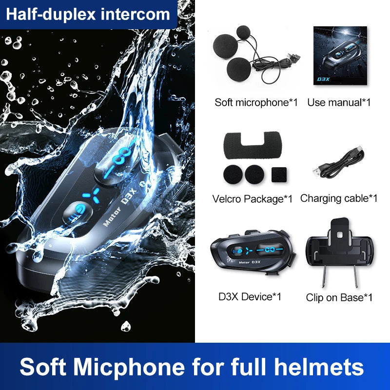 Interphone pour casque de moto D3X, Bluetooth, batterie haute capacité 2024 mAH, réponse automatique pour appels lncoming, étanche IP56, nouveauté 1000