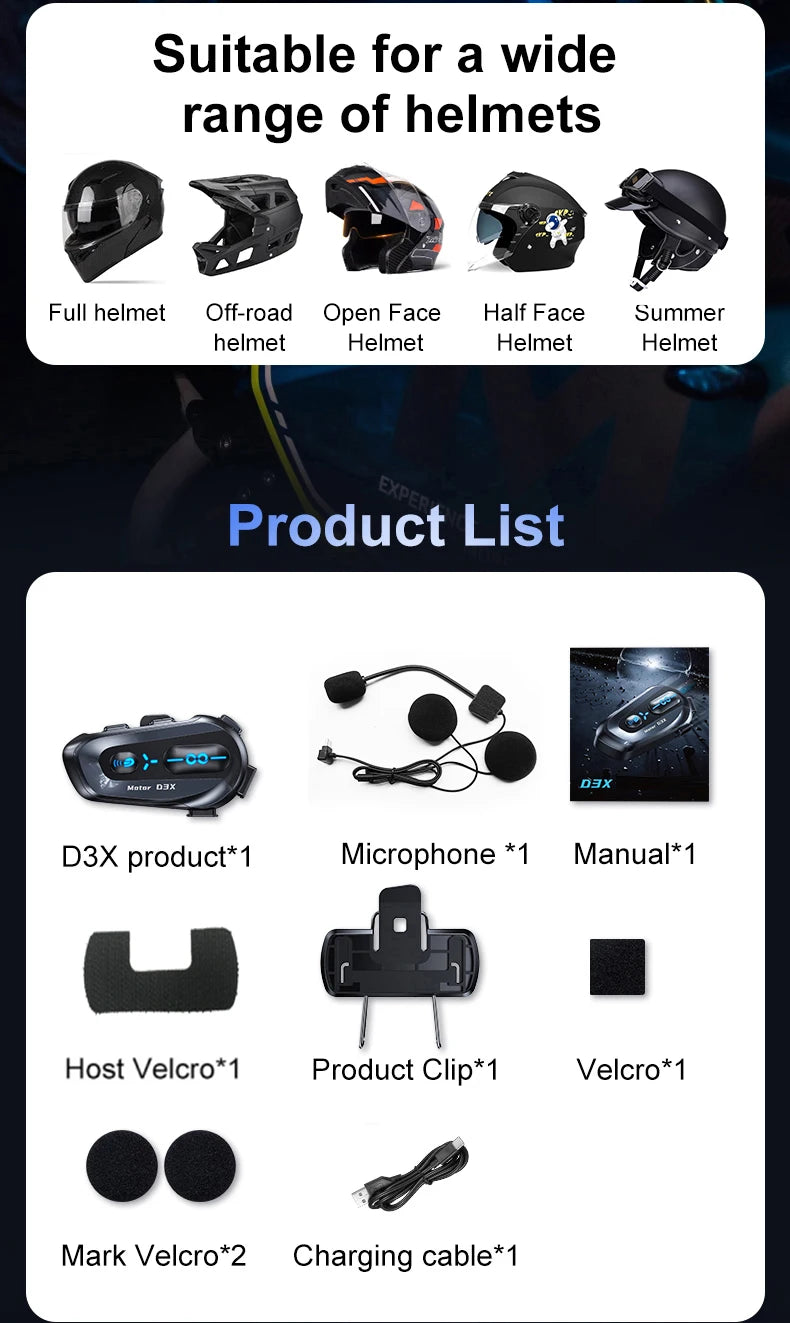 Interphone pour casque de moto D3X, Bluetooth, batterie haute capacité 2024 mAH, réponse automatique pour appels lncoming, étanche IP56, nouveauté 1000