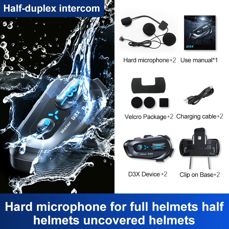 Interphone pour casque de moto D3X, Bluetooth, batterie haute capacité 2024 mAH, réponse automatique pour appels lncoming, étanche IP56, nouveauté 1000